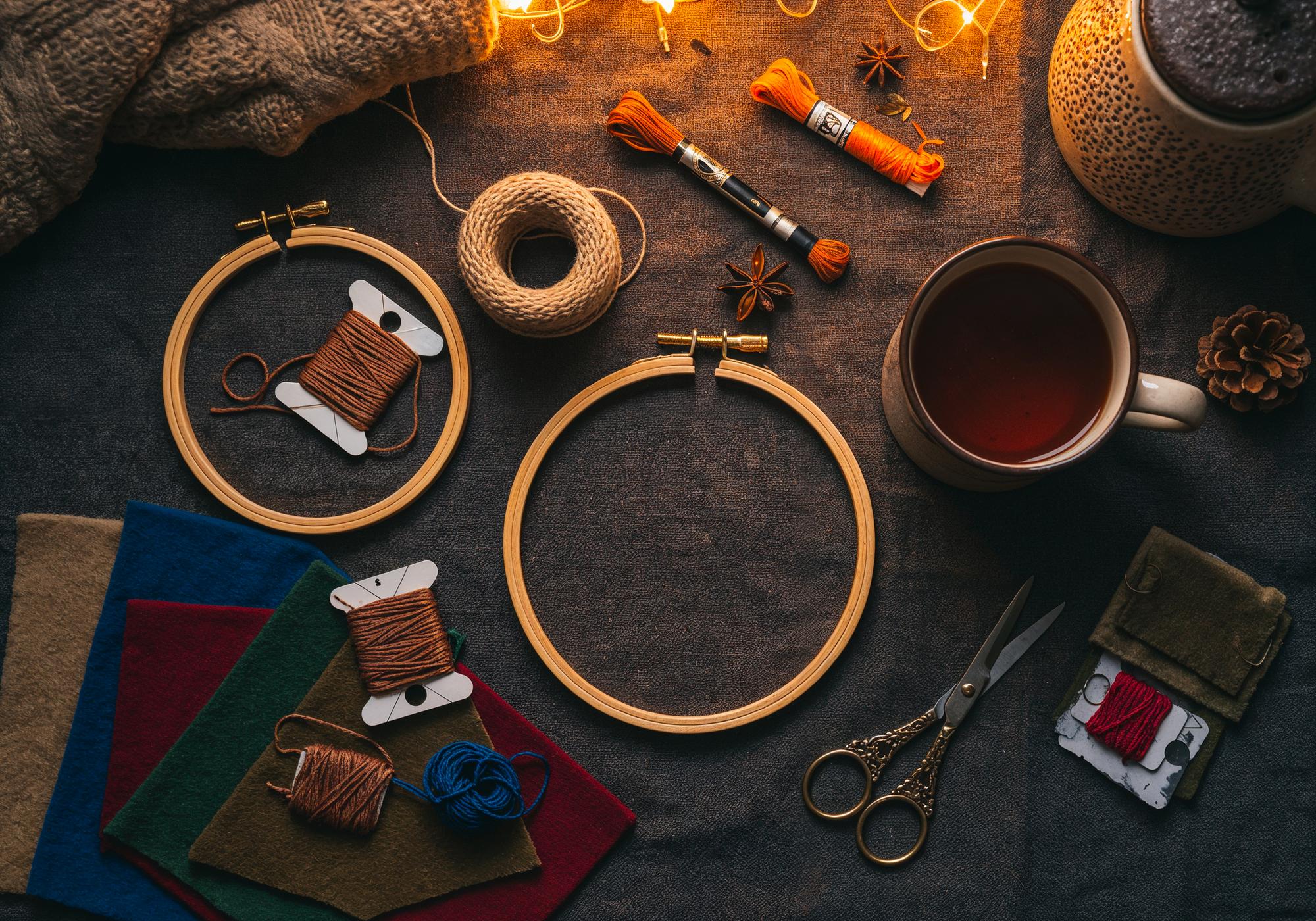 Studio workspace with hoop and thread spools